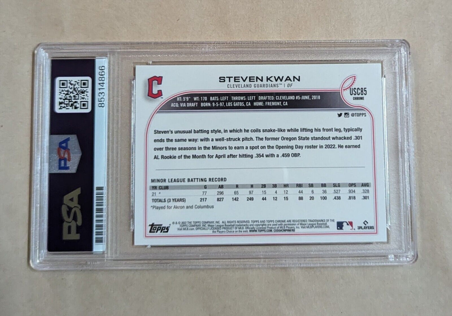 Steven Kwan Topps Chrome Rookie 2022 #Usc85 Chrome Hand Signed Psa Slabbed