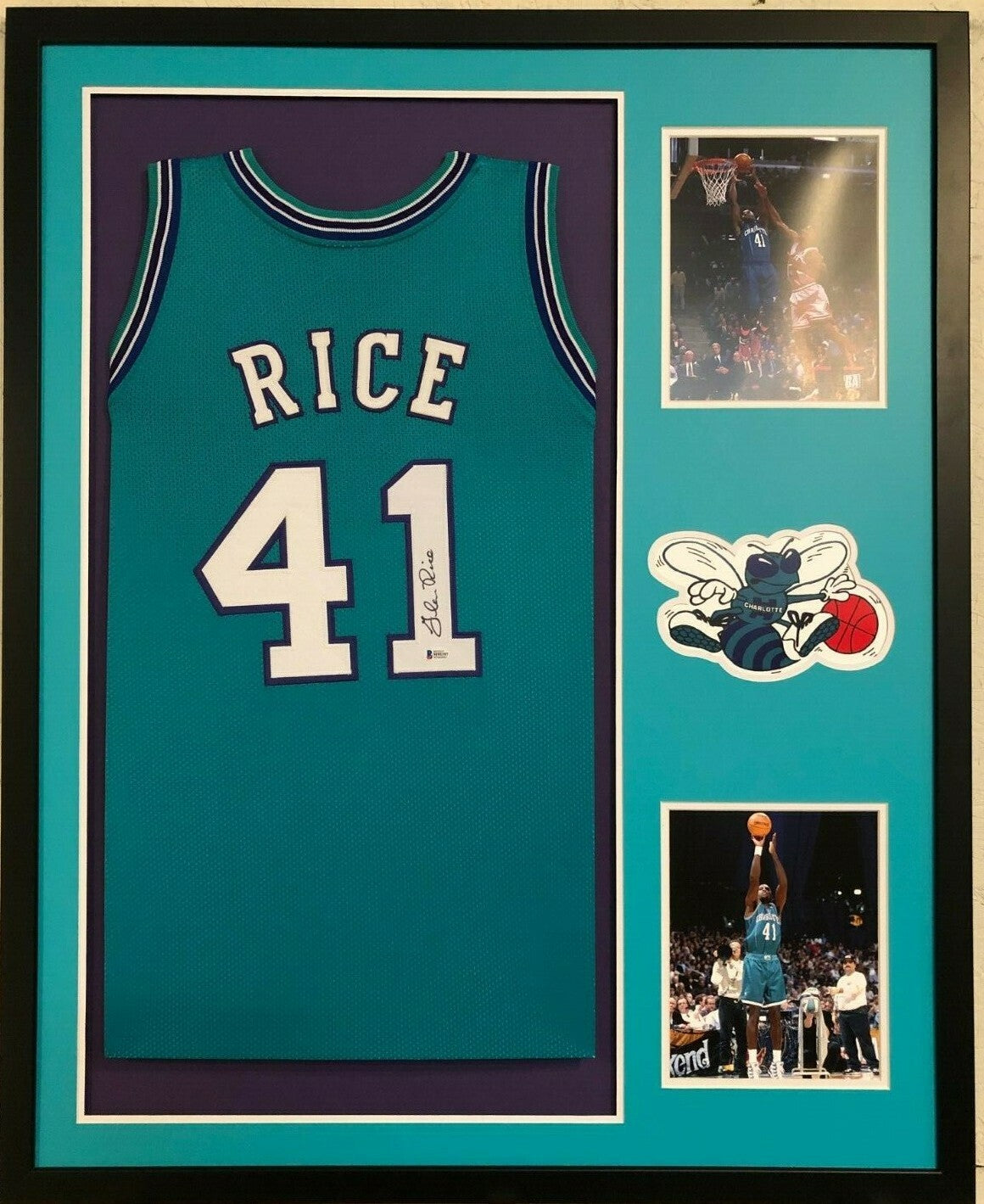 Framed Charlotte Hornets Glen Rice Signed Jersey Beckett Coa
