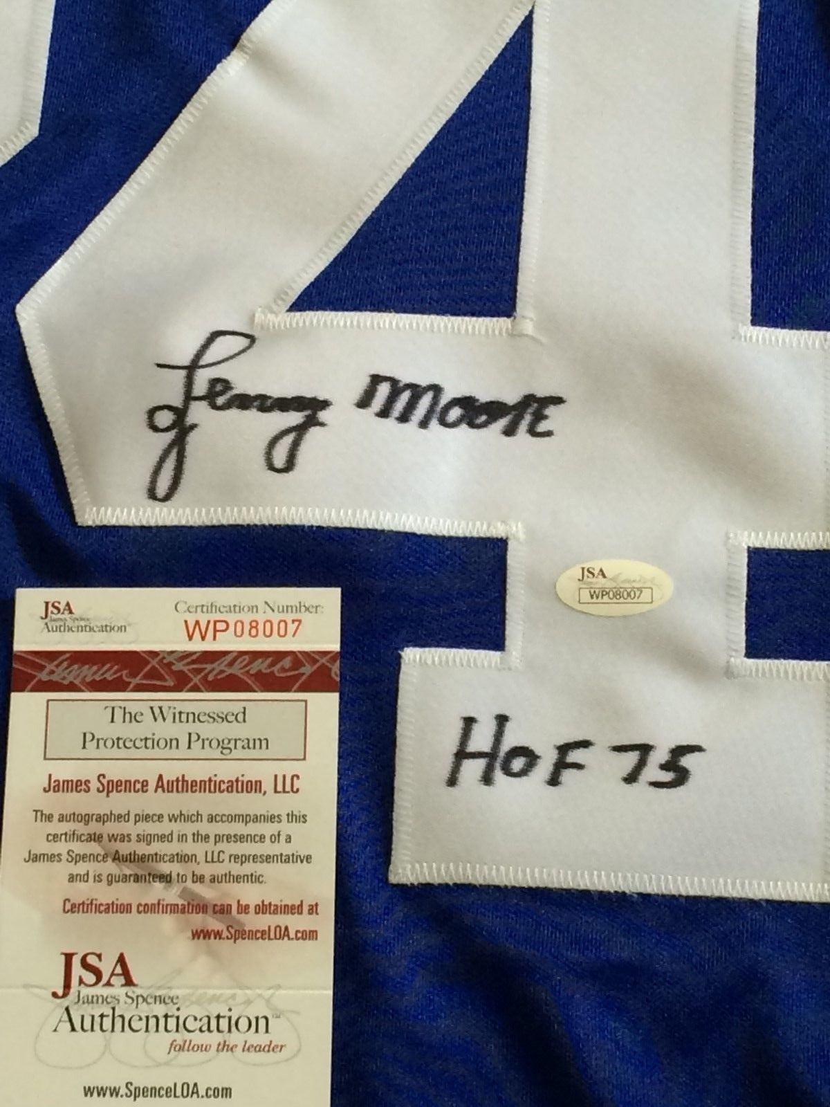 Lenny Moore Autographed Signed Insc Baltimore Colts Tb Jersey Jsa Coa