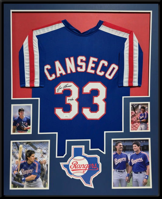 Framed Texas Rangers Jose Canseco Autographed Inscribed Jersey Jsa Coa
