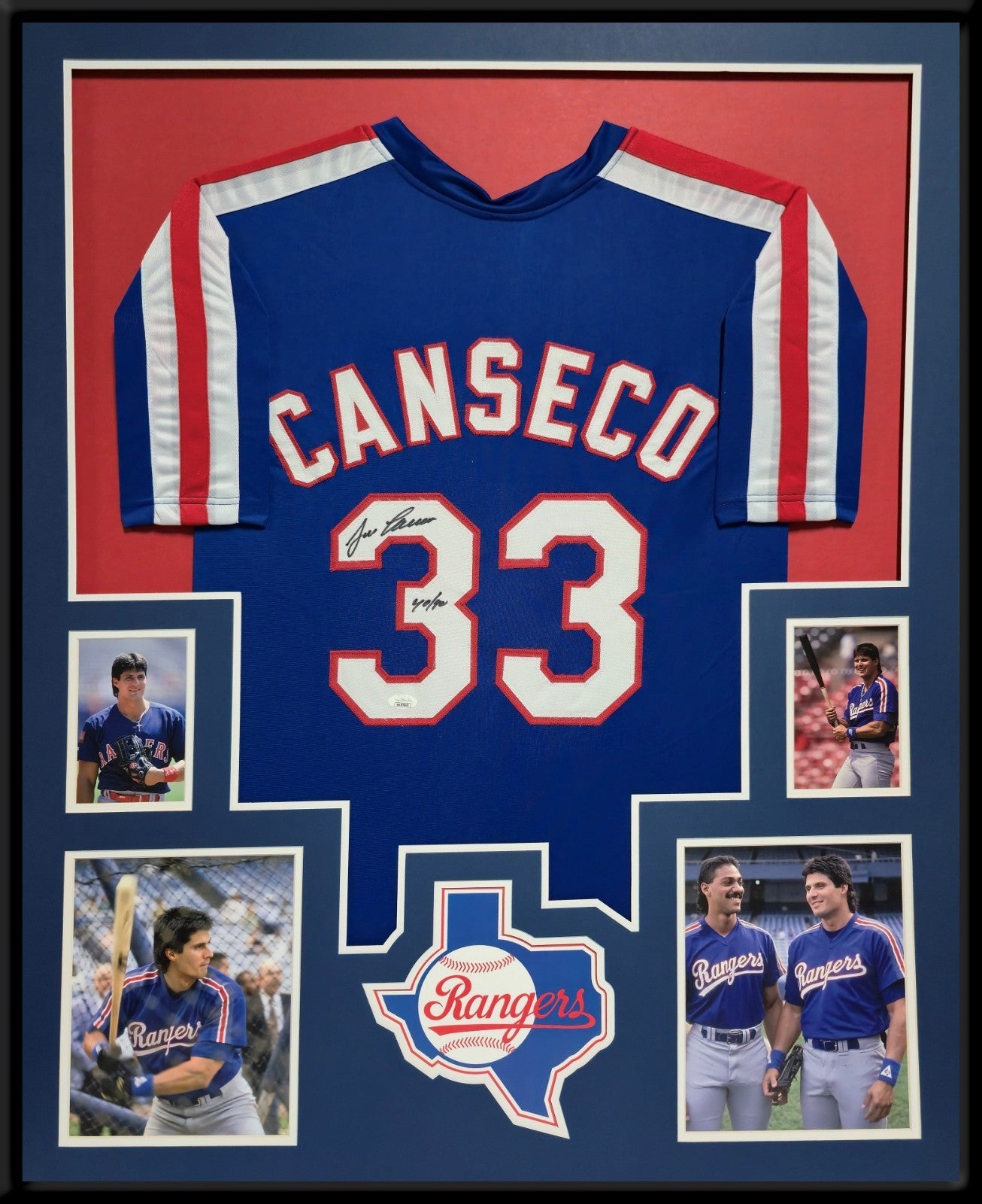 Framed Texas Rangers Jose Canseco Autographed Inscribed Jersey Jsa Coa