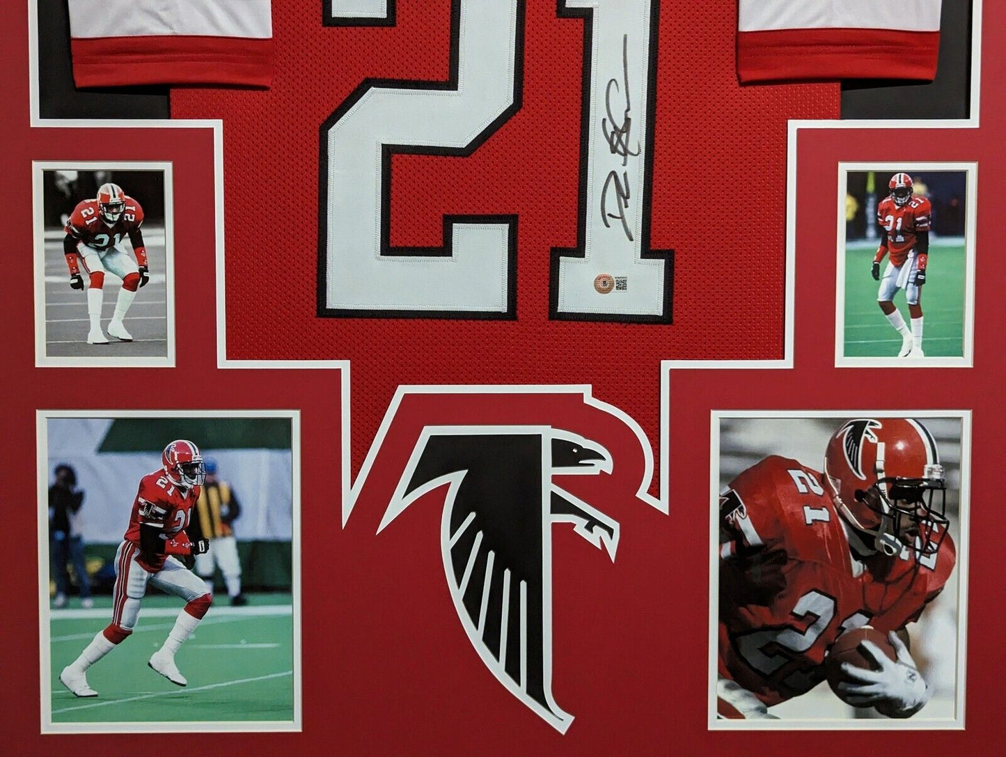 MVP Authentics Framed Atlanta Falcons Deion Sanders Autographed Signed Jersey Beckett Holo 540 sports jersey framing , jersey framing