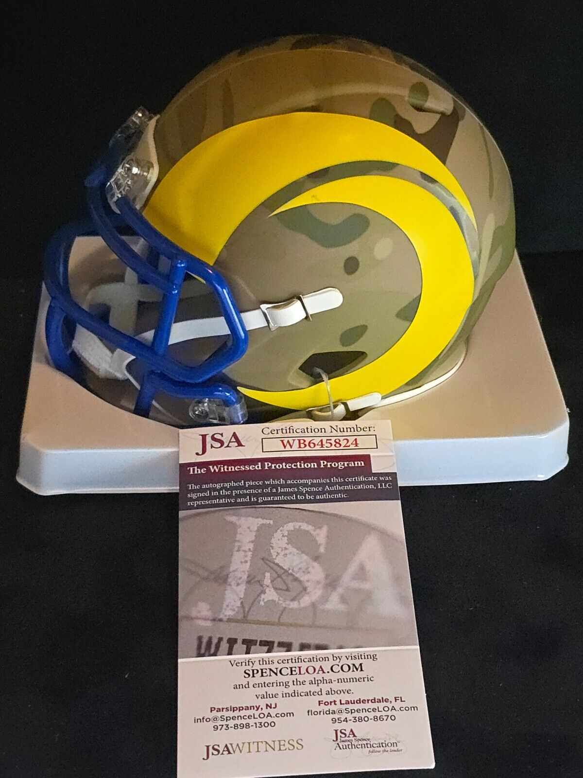 Los Angeles Rams Braden Fiske Autographed Camo Speed Mini Helmet Jsa Coa