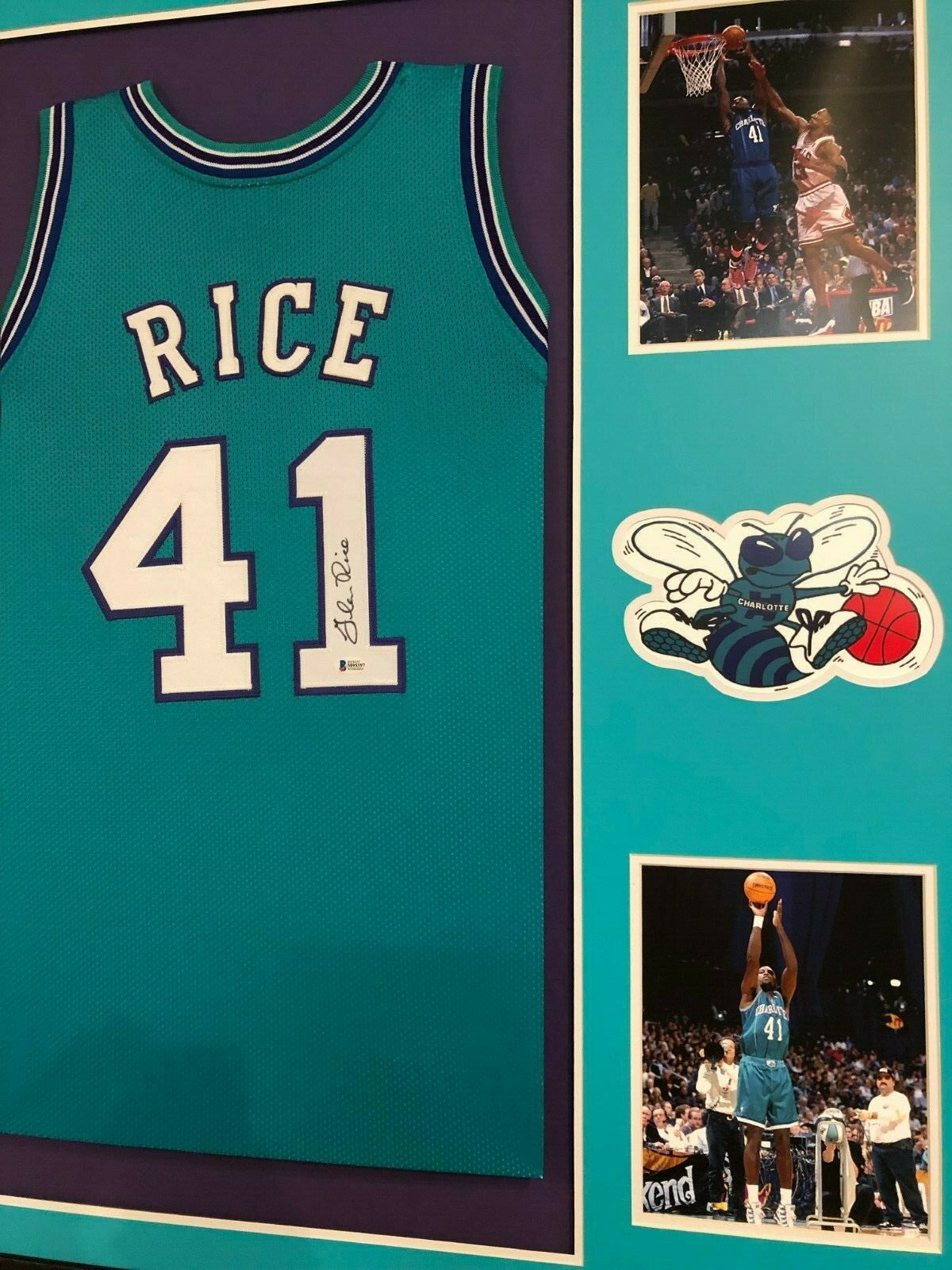 Framed Charlotte Hornets Glen Rice Signed Jersey Beckett Coa
