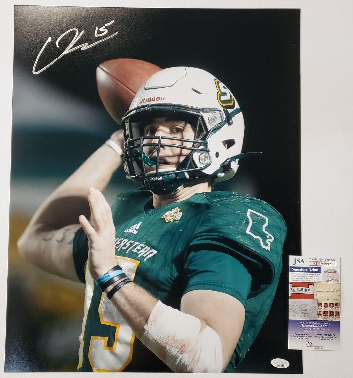 Southeastern Louisiana Lions Cole Kelley  Signed 16X20 Photo Jsa  Coa
