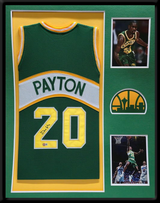 Framed Gary Payton Autographed Signed Seattle Supersonics Jersey Beckett Holo