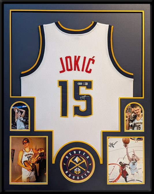 MVP Authentics Framed Denver Nuggets Nikola Jokic Autographed Signed Jersey Beckett Holo 675 sports jersey framing , jersey framing