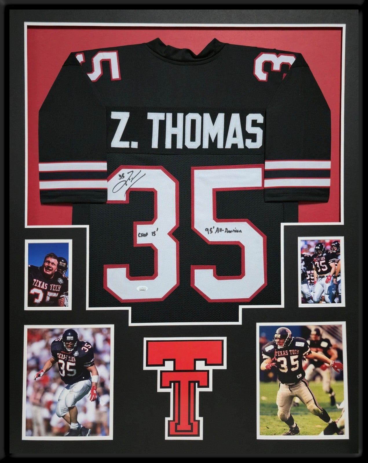 Framed Texas Tech Red Raiders Zach Thomas Autographed Inscribed Jersey Jsa
