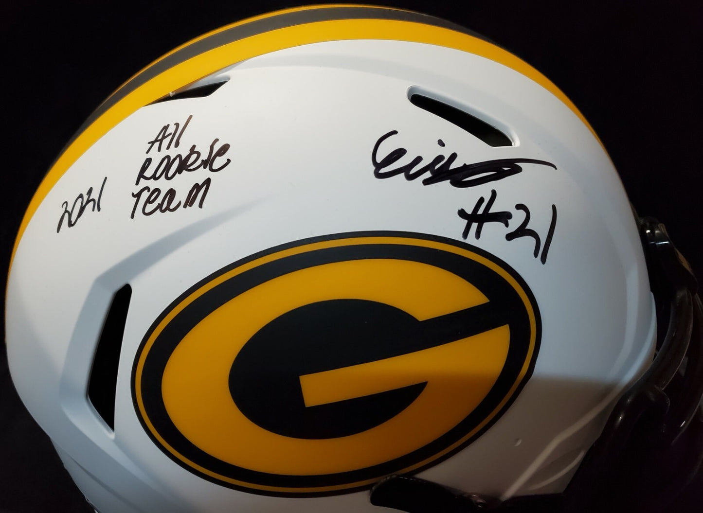 Green Bay Packers Eric Stokes Signed Insc Full Size Lunar Authentic Helmet Jsa