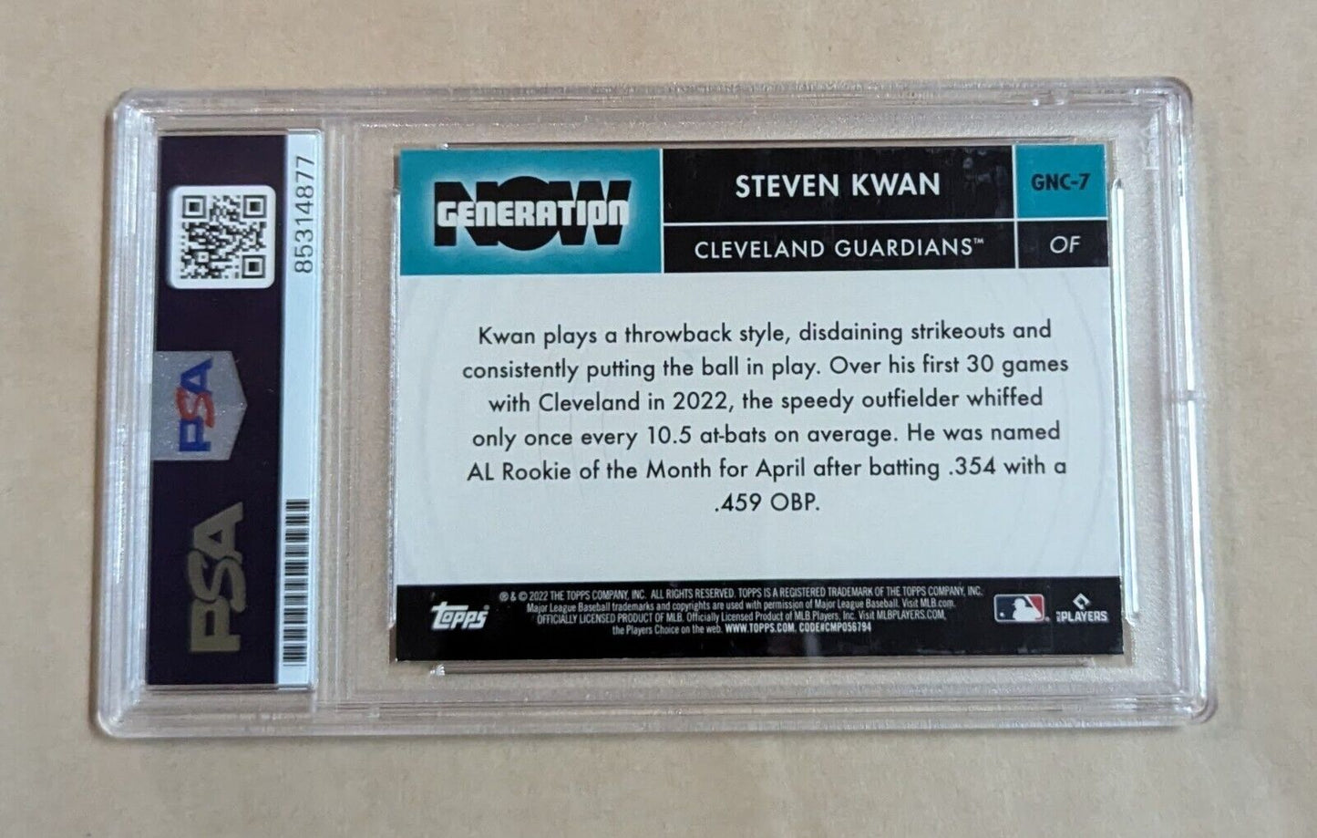 Steven Kwan Topps Chrome Generation Now Rc 2022 #Gnc-7 Hand Signed Psa Slabbed