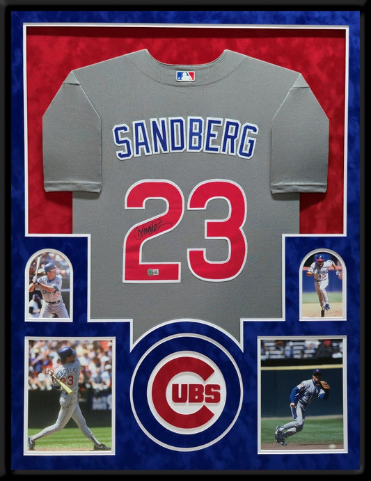 Suede Framed Chicago Cubs Ryne Sandberg Autographed Jersey Beckett Coa