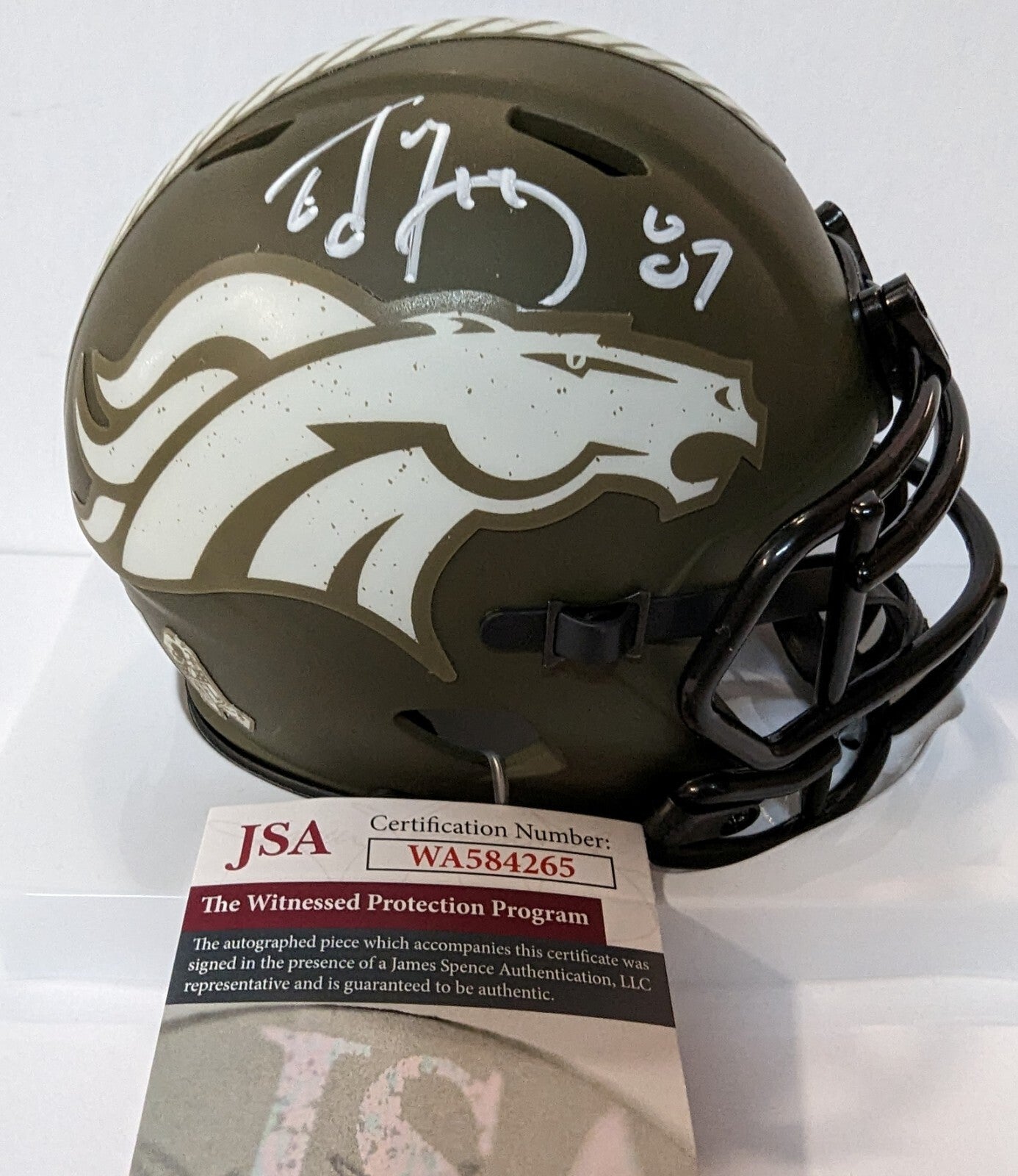 Denver Broncos Ed Mccaffrey Autographed Salute To Service Mini Helmet Jsa Coa