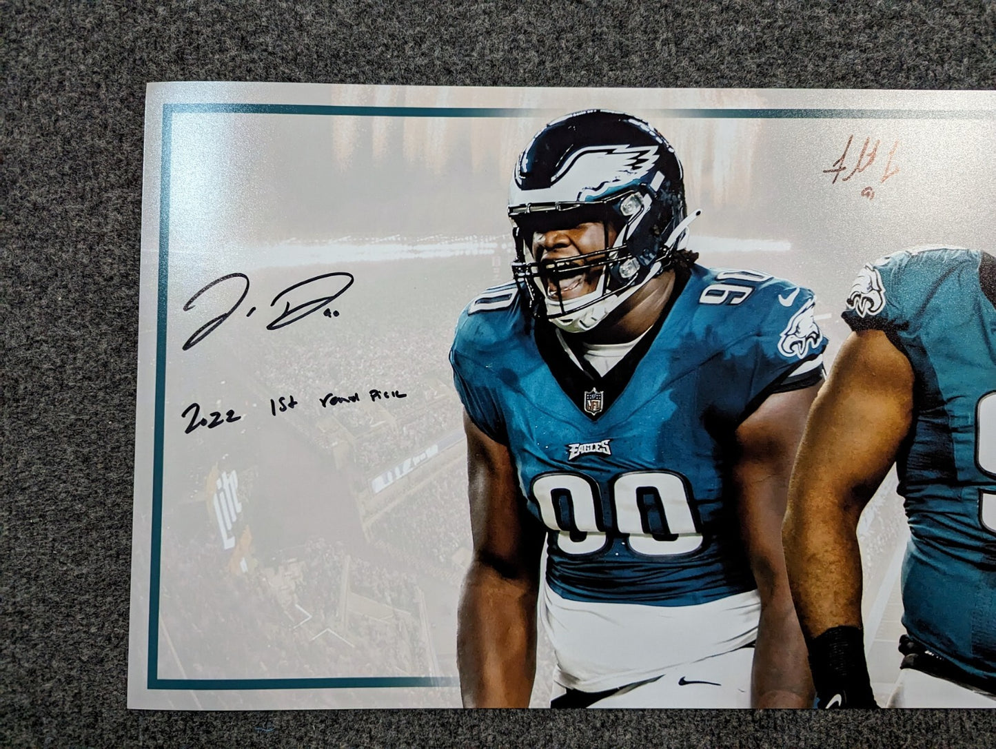 Eagles  Fletcher Cox, Jordan Davis, Nolan Smith Jr 3X Signed 36X12 Panoramic Bas