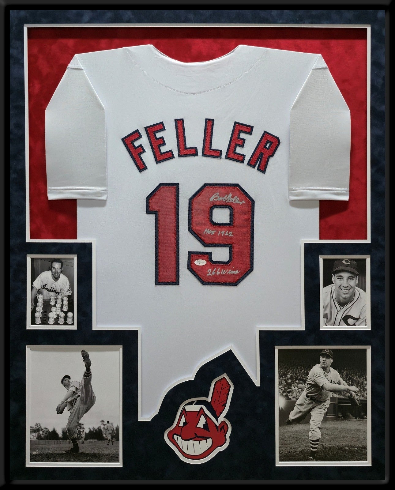 Suede Framed Cleveland Indians Bob Feller Autographed Inscribed Jersey Jsa Coa