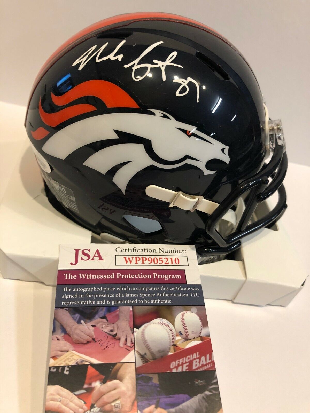 MVP Authentics Noah Fant Autographed Signed Denver Broncos Mini Helmet Jsa Coa 107.10 sports jersey framing , jersey framing