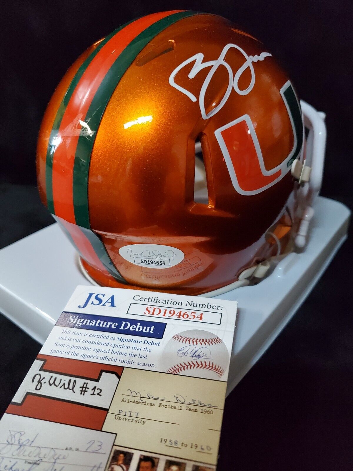 MVP Authentics Miami Hurricanes Brevin Jordan Autographed Signed Flash Mini Helmet Jsa Coa 112.50 sports jersey framing , jersey framing