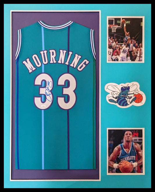 Framed Charlotte Hornets Alonzo Mourning Signed Jersey Jsa Coa