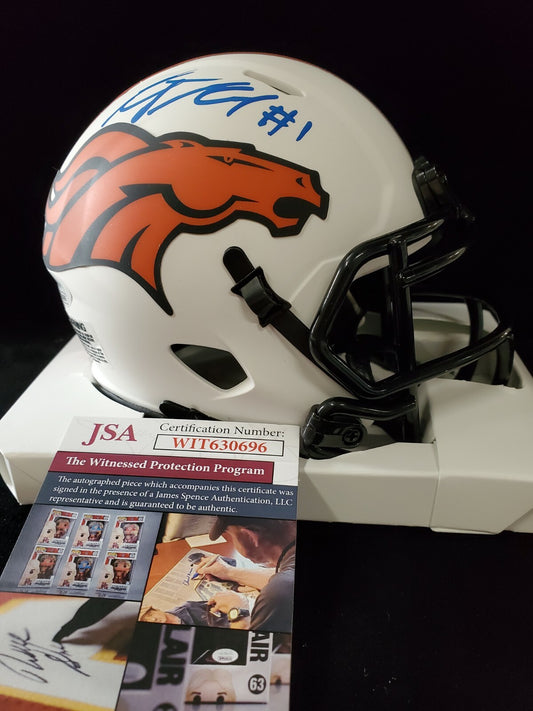 Kj Hamler Autographed Blue Signed Denver Broncos Lunar Mini Helmet Jsa Coa