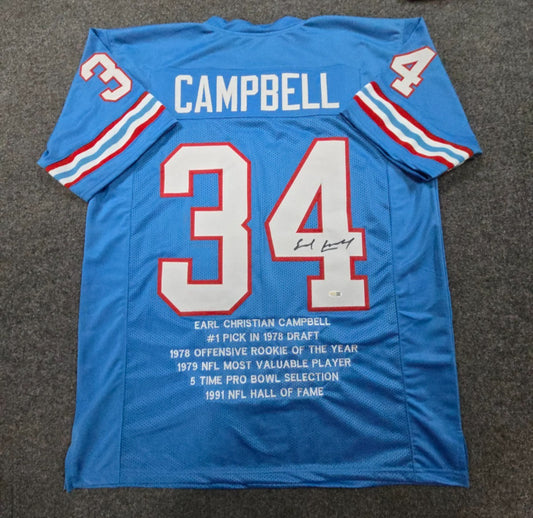 Houston Oilers Earl Campbell Autographed Signed Stat Jersey Jsa  Coa