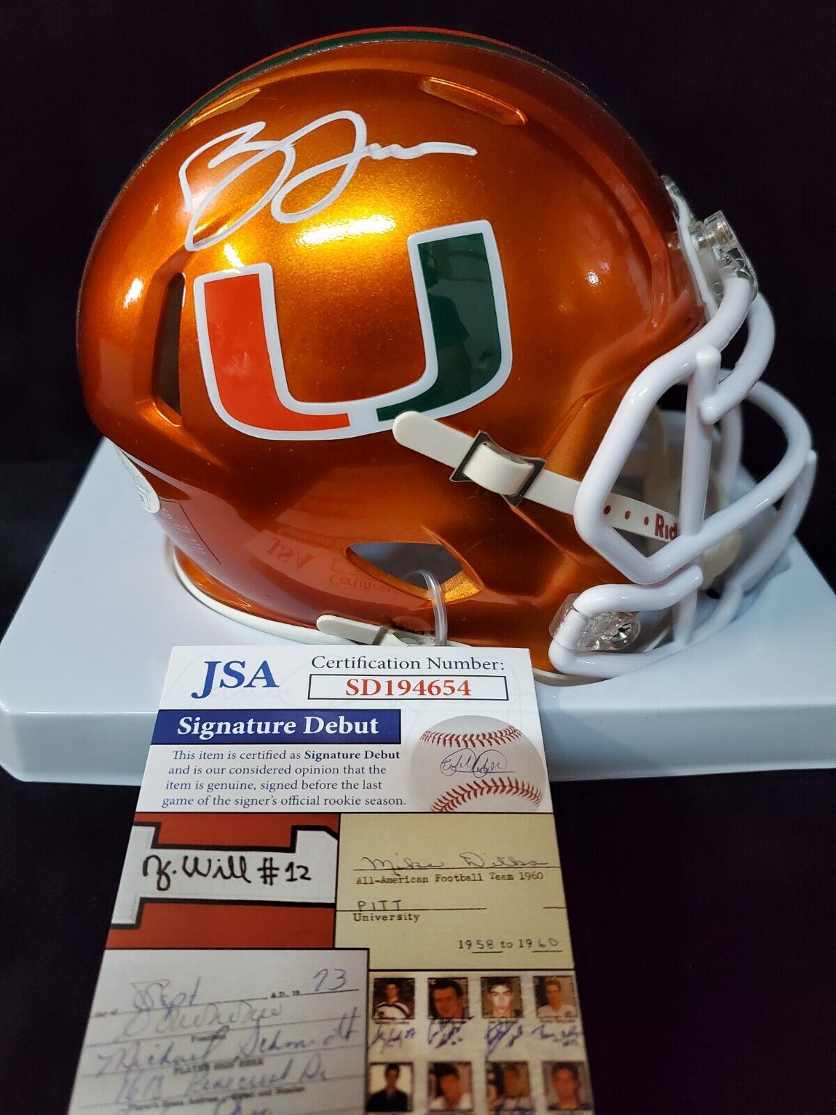 MVP Authentics Miami Hurricanes Brevin Jordan Autographed Signed Flash Mini Helmet Jsa Coa 112.50 sports jersey framing , jersey framing