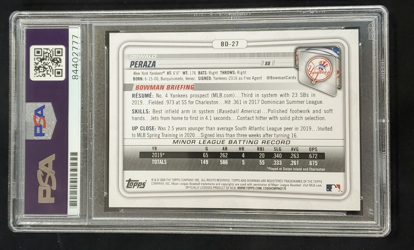 Oswald Peraza Autographed Topps Bowman Yankees Bd-27 Psa Slabbed