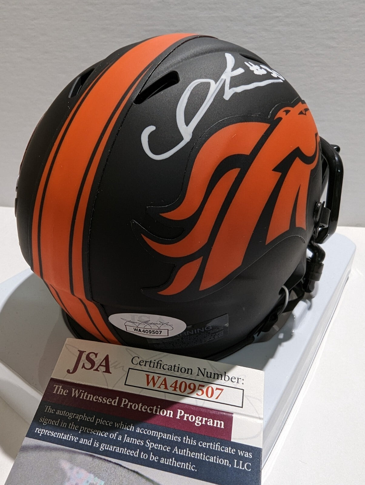 Denver Broncos Caden Sterns Autographed Eclipse Mini Helmet Jsa Coa
