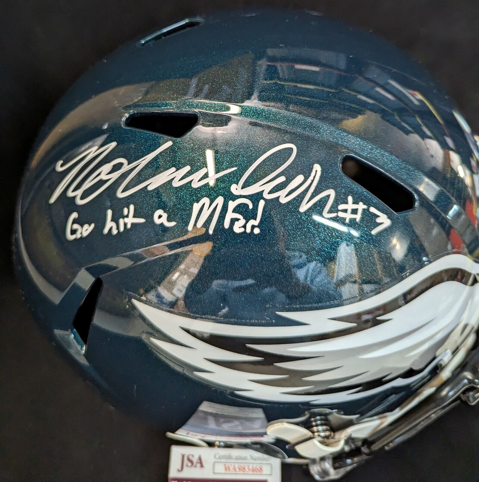 MVP Authentics Philadelphia Eagles Nolan Smith Jr Signed Inscribed Full Size Speed Replica Helmet Jsa Coa 360 sports jersey framing , jersey framing