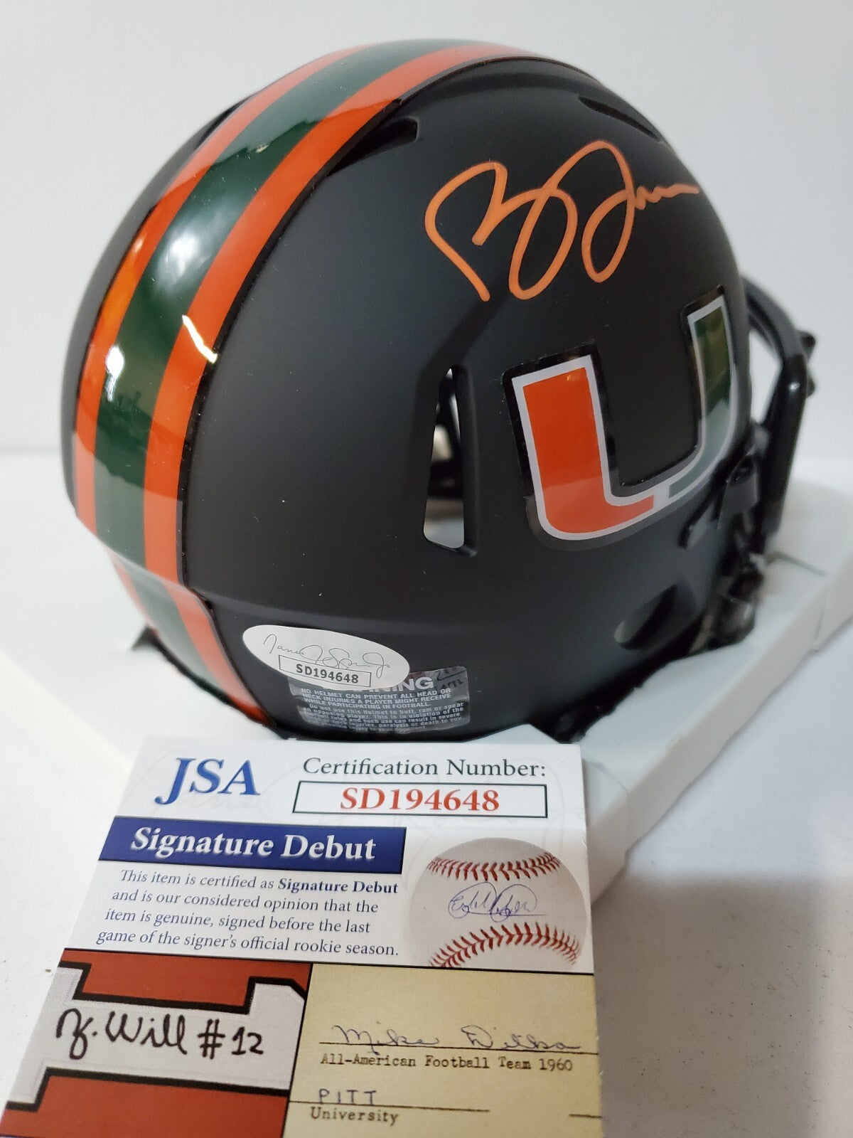Miami Hurricanes Brevin Jordan Autographed Signed Mini Helmet Jsa Coa