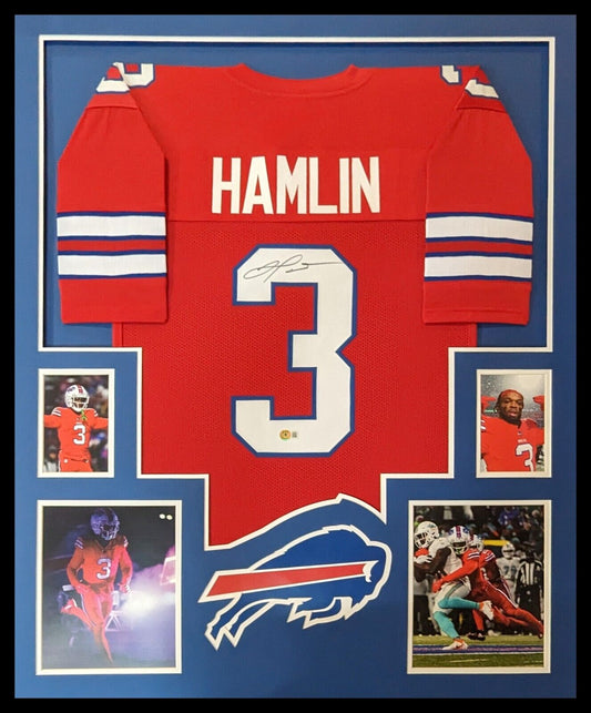 MVP Authentics Framed Buffalo Damar Hamlin Autographed Signed Jersey Beckett Holo 472.50 sports jersey framing , jersey framing