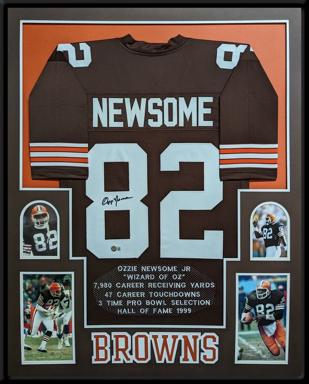 Framed Cleveland Browns Ozzie Newsome Autographed Signed Stat Jersey Bas Holo