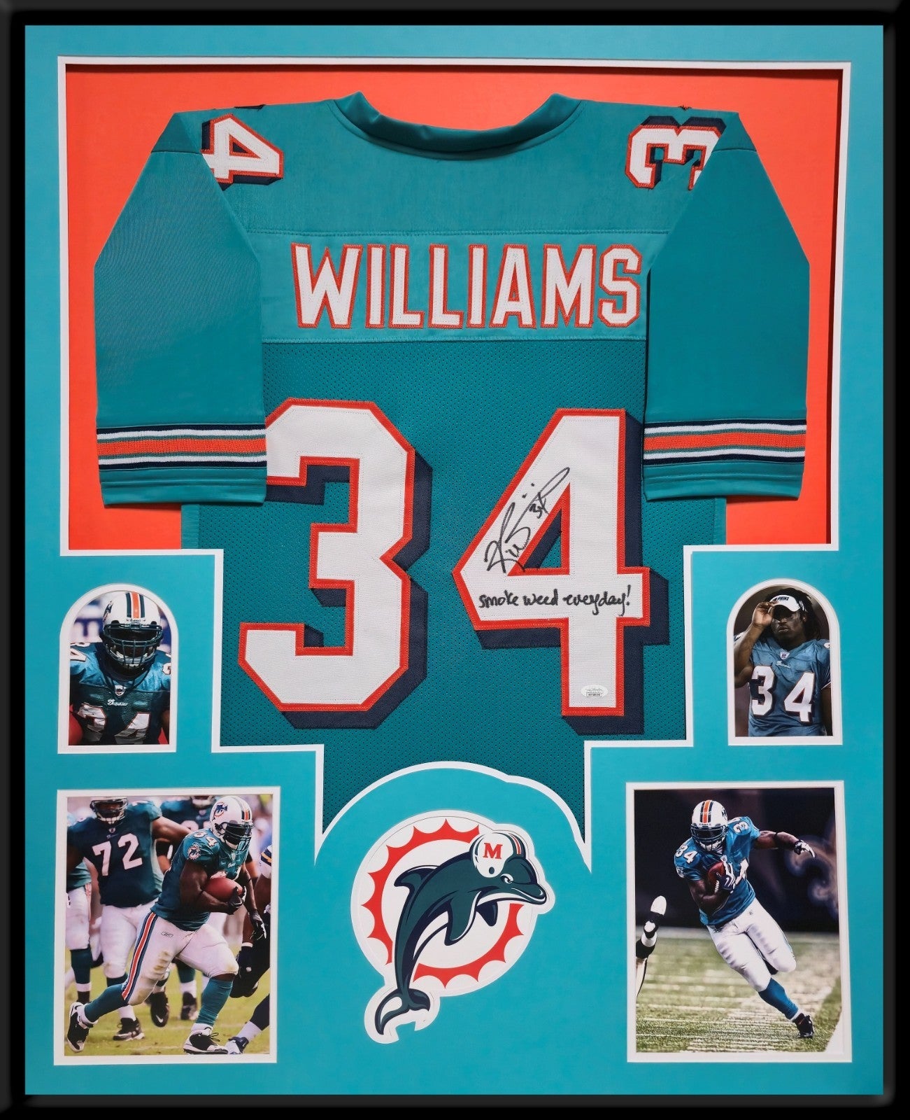 Framed Miami Dolphins Ricky Williams Autographed Signed Inscribed Jersey Jsa Coa