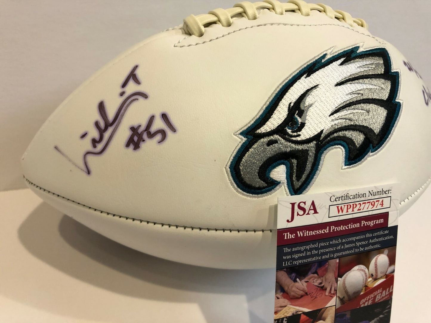 William Thomas Autographed Signed Insc Philadelphia Eagles Logo Football Jsa Coa