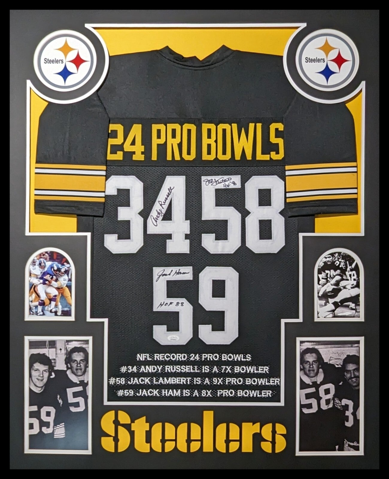 Framed Pittsburgh Steelers 24 Pro Bowls 3X Signed Stat Jersey Jsa Coa