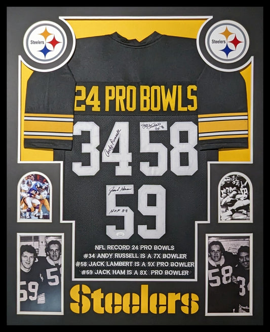 Framed Pittsburgh Steelers 24 Pro Bowls 3X Signed Stat Jersey Jsa Coa