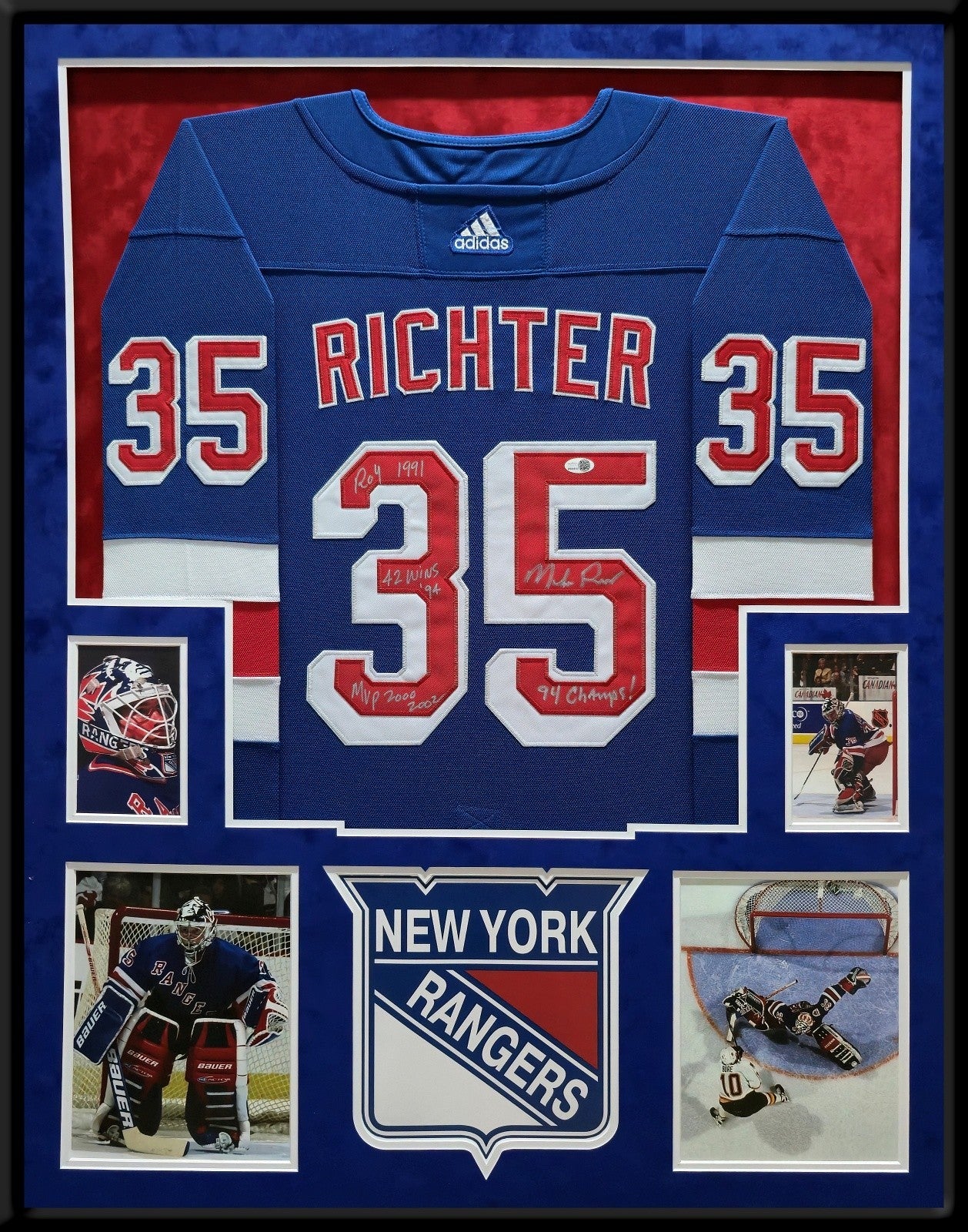 Suede Framed N.Y. Rangers Mike Richter Autographed 4X Inscribed Jersey Jsa Coa