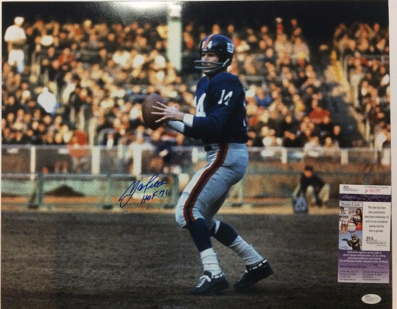 Y.A. Tittle Autographed Signed Inscribed N.Y. Giants 16X20 Photo Jsa  Coa