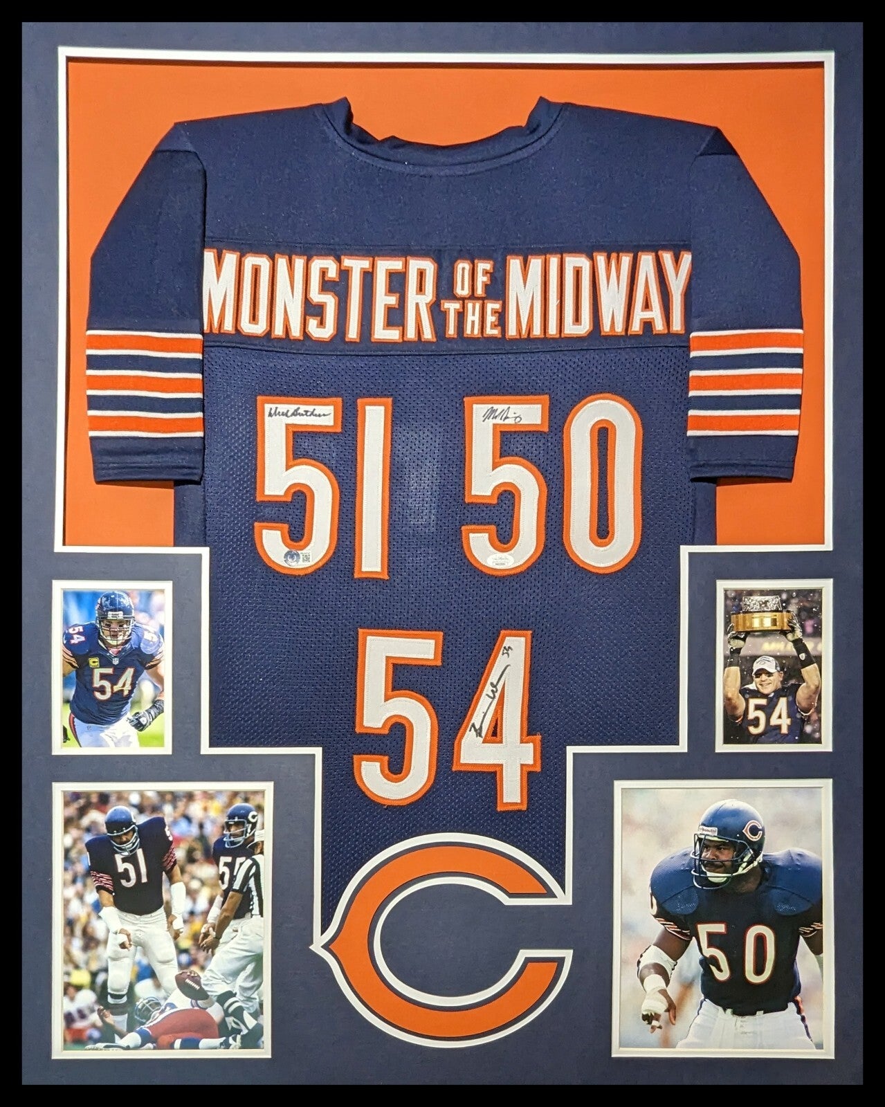 Framed Chicago Bears 3X Signed Singletary Urlacher Butkus Jersey Dual Coa