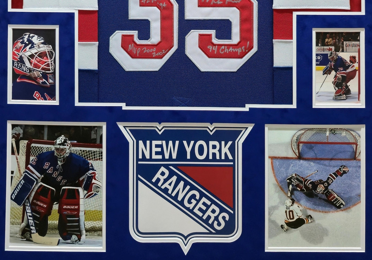Suede Framed N.Y. Rangers Mike Richter Autographed 4X Inscribed Jersey Jsa Coa