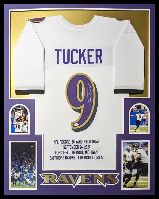 Framed Baltimore Ravens Justin Tucker Autographed Signed Stat Jersey Jsa Coa