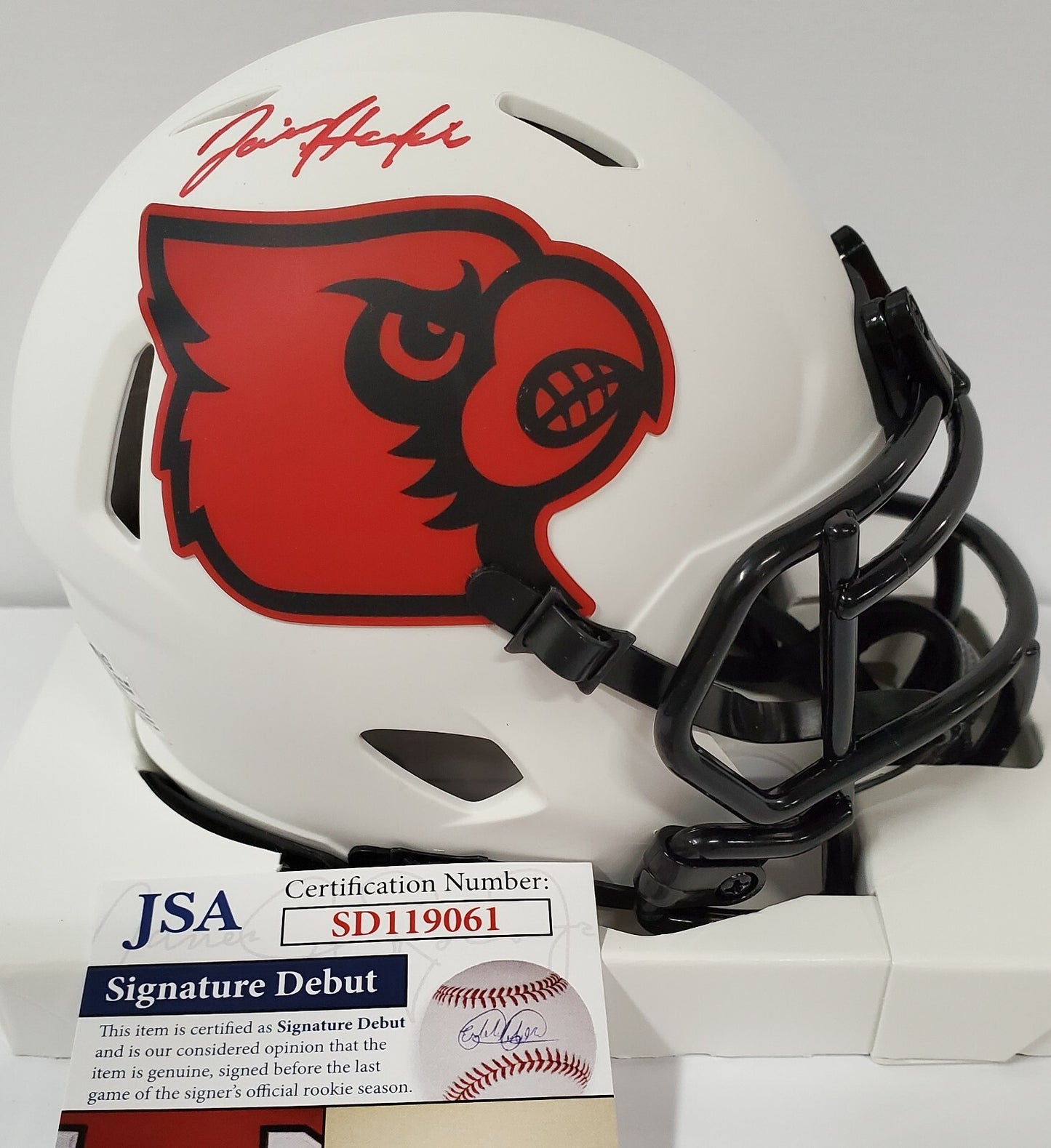 Javian Hawkins Autographed Louisville Cardinals Lunar Mini Helmet Jsa Coa