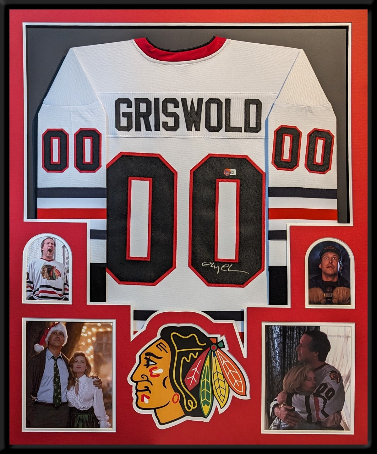 Framed Chicago Blackhawks Xmas Vacation Chevy Chase Signed Jersey Beckett Coa