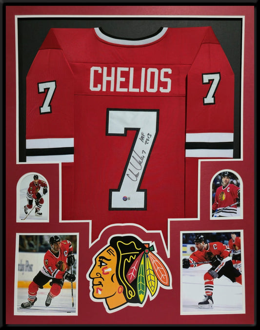 Framed Chicago Blackhawks Chris Chelios Autographed Inscribed Jersey Beckett Coa