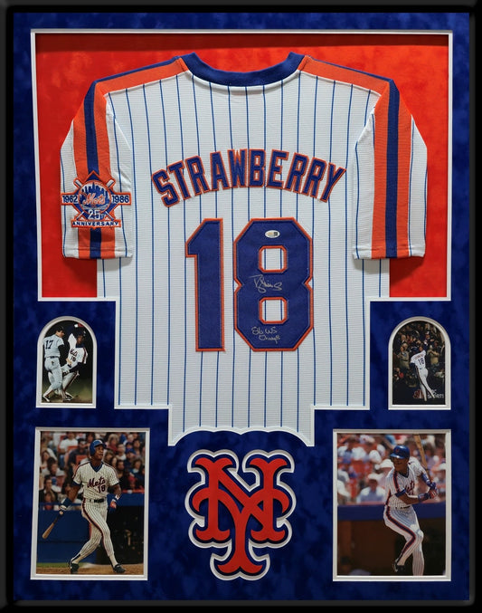 Suede Framed N.Y. Mets Darryl Strawberry Autographed Inscribed Jersey Jsa Coa