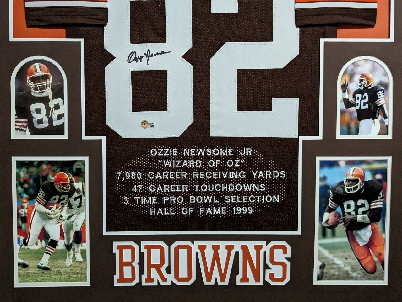Framed Cleveland Browns Ozzie Newsome Autographed Signed Stat Jersey Bas Holo