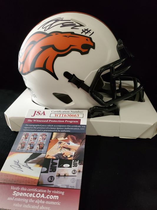 Kj Hamler Autographed Black Signed Denver Broncos Lunar Mini Helmet Jsa Coa