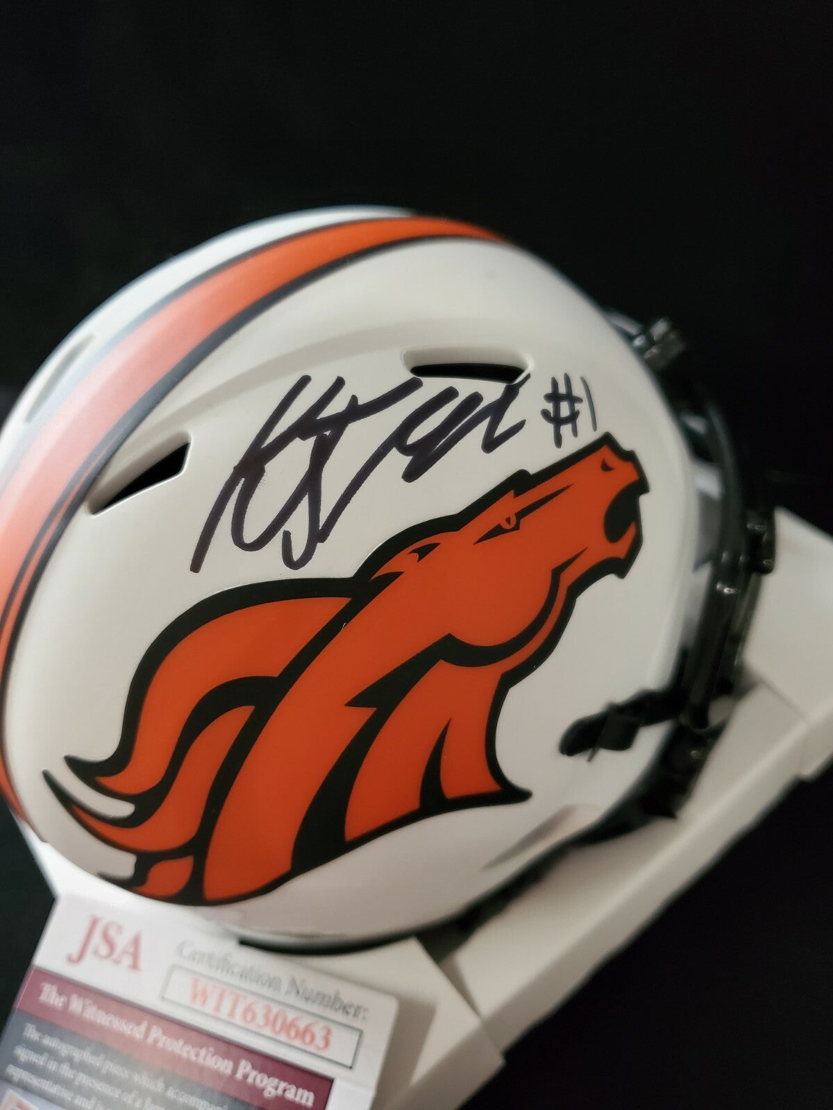 Kj Hamler Autographed Black Signed Denver Broncos Lunar Mini Helmet Jsa Coa