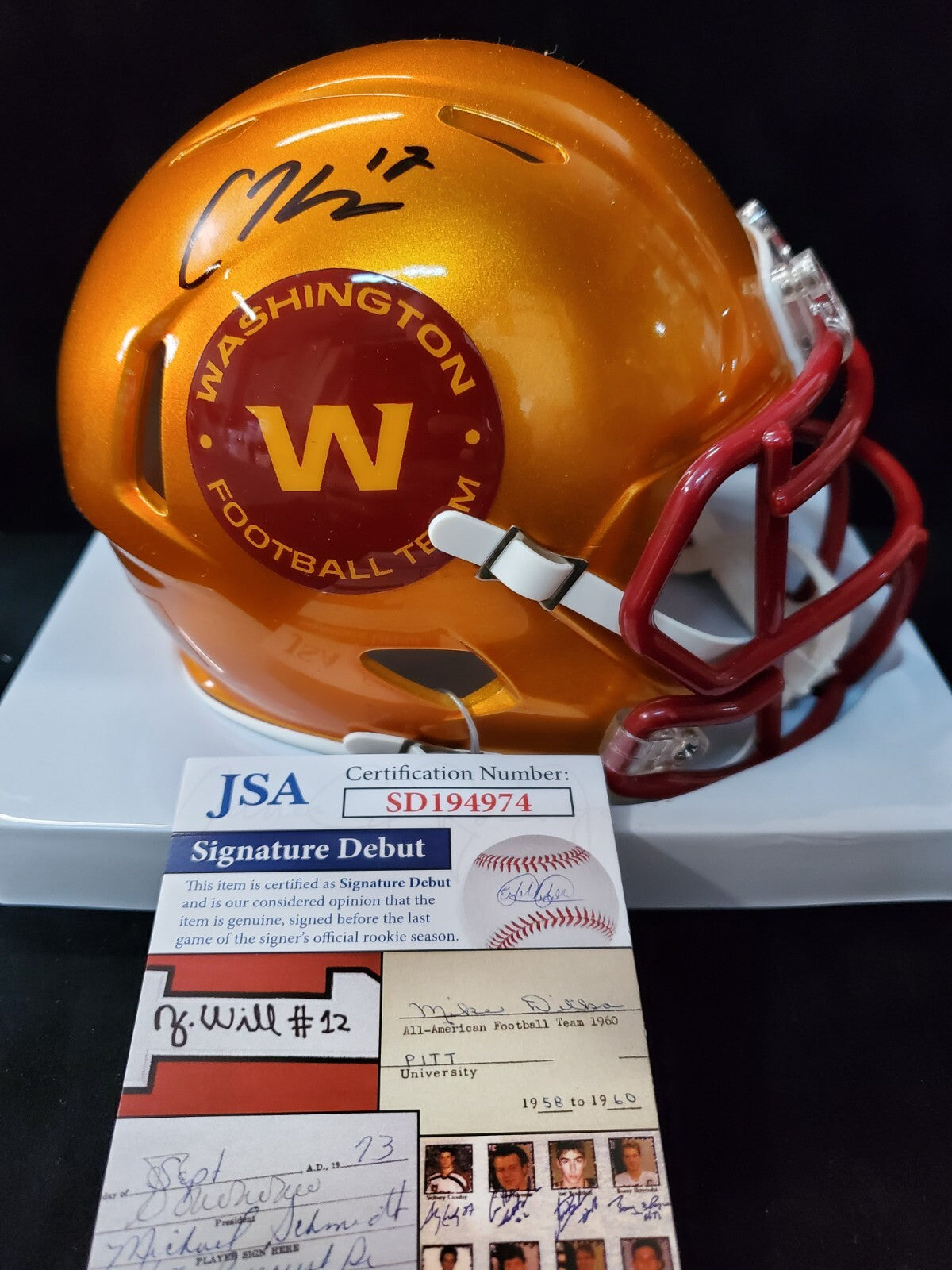 Washington Commanders Cole Kelley Autographed Signed Flash Mini Helmet Jsa Coa
