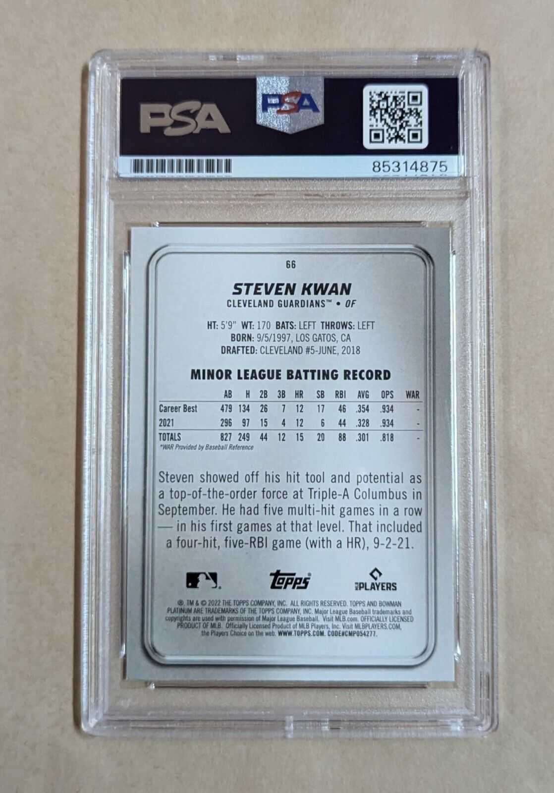 Steven Kwan Bowman Platinum Rookie 2022 #66 Hand Signed Psa Slabbed