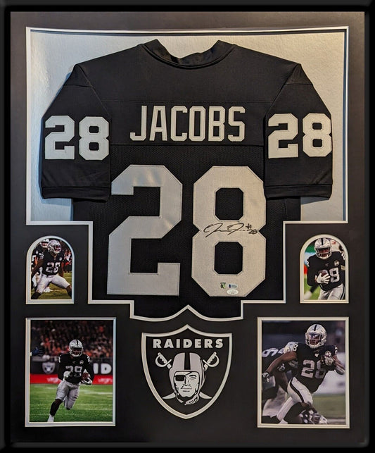 MVP Authentics Framed Las Vegas Raiders Josh Jacobs Autographed Signed Jersey Jsa Beckett 630 sports jersey framing , jersey framing