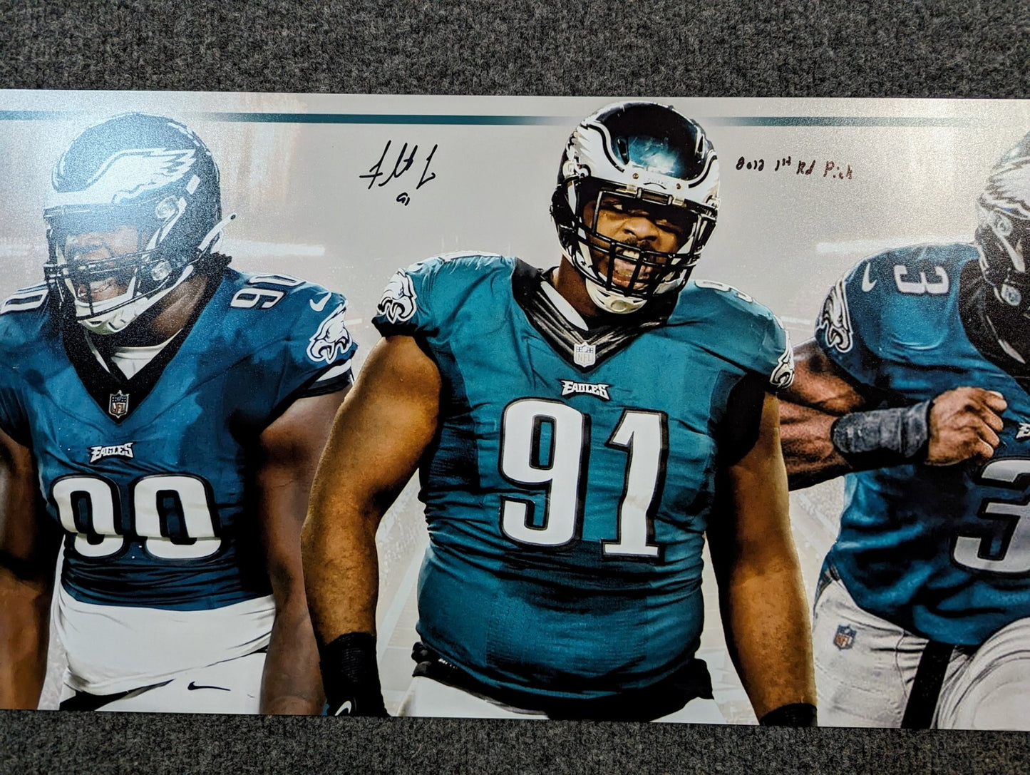 Eagles  Fletcher Cox, Jordan Davis, Nolan Smith Jr 3X Signed 36X12 Panoramic Bas